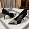 Fashion Autumn Fashion Women Shoes Velvet Thin Heel Pointed Toe Pumps Luxury Bling Sandals Wedding Party Glitter Diamonds High Heels