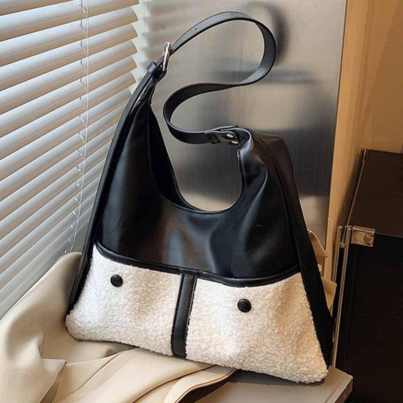 Korean version of fashion niche texture underarm tote bag, new large-capacity lamb wool splicing contrasting color shoulder messenger bag