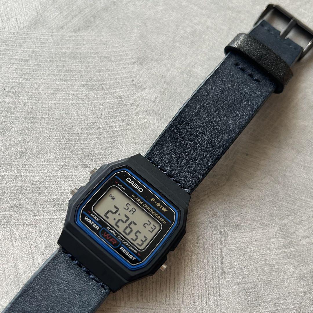 

[Б/У] CASIO F-91W Дешевые Casio Ремешок из натуральной кожи Кастомный Темно-синий
