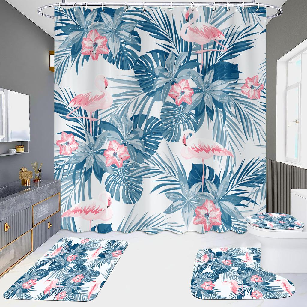 Pink Flamingo Printing Shower Curtain Set For Bathroom Non Slip Lovebird Bath Mat And Curtain Set Bath Rug Toilet Carpet