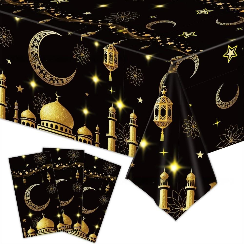 2026 Plastic Eid Mubarak Tablecloths Disposable Waterproof Moon Tablecloths Black Gold Table Cover Party Supplies