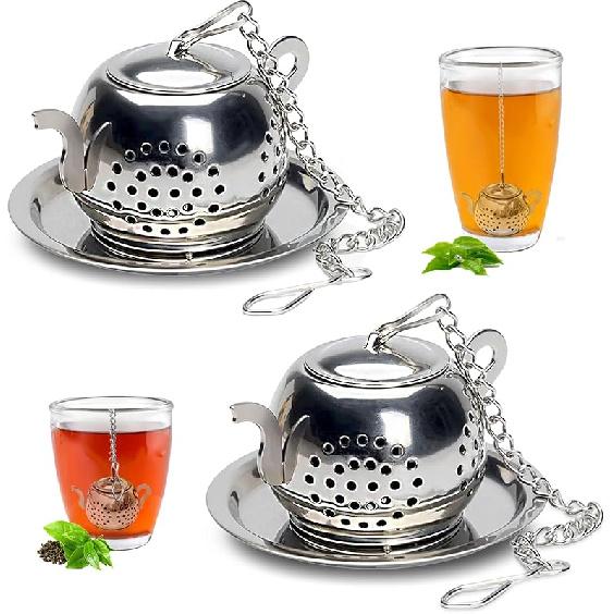 

2 шт. Чайный инфузор, Чайные ситечки для рассыпного чая с поддоном для капель, Чайный заварник с мелкой сеткой, Чайный диффузор с цепочкой-крючком и крышкой, Чайный инфузор для рассыпного чая серебряный