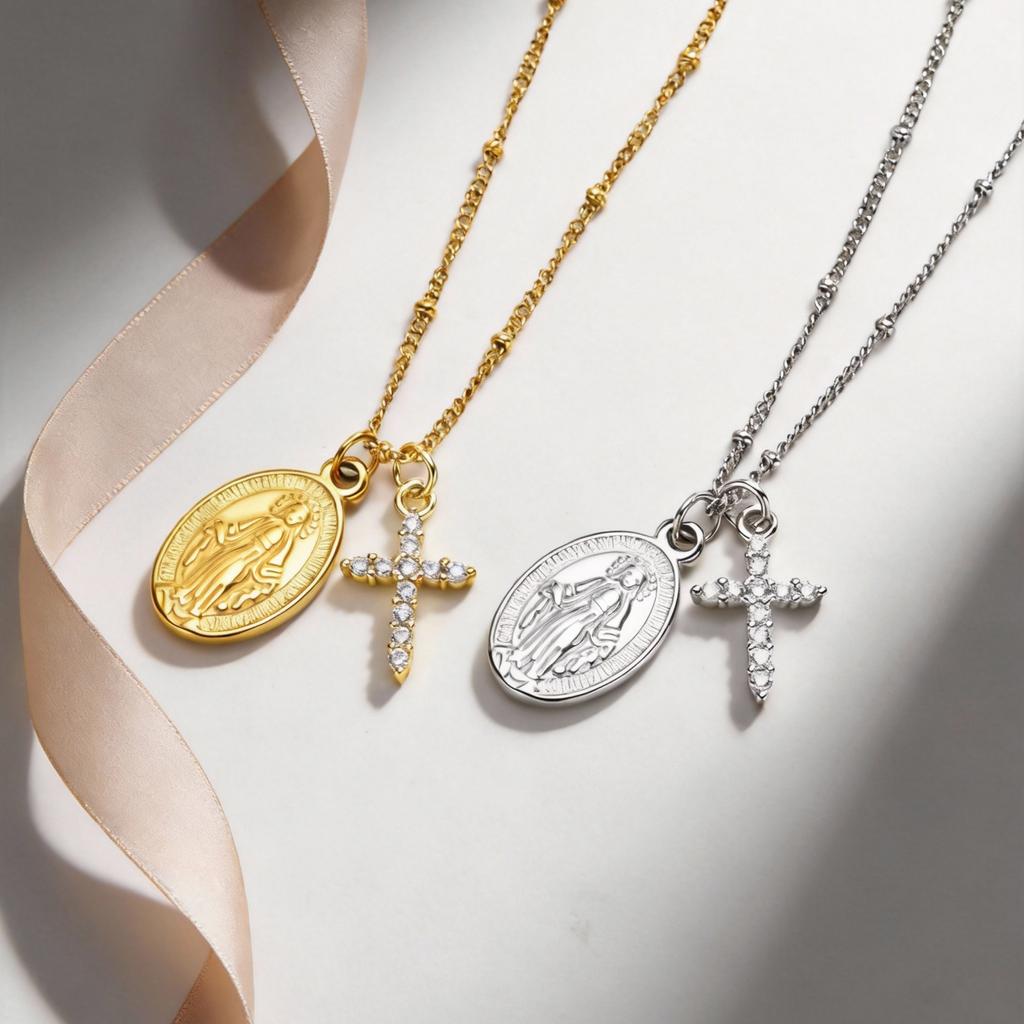 Xiaomi Vnox Stainless Steel Virgin Mary with Copper Zirconia Cross Pendant Necklaecs,  Women's Necklace Religious Amulet Gifts