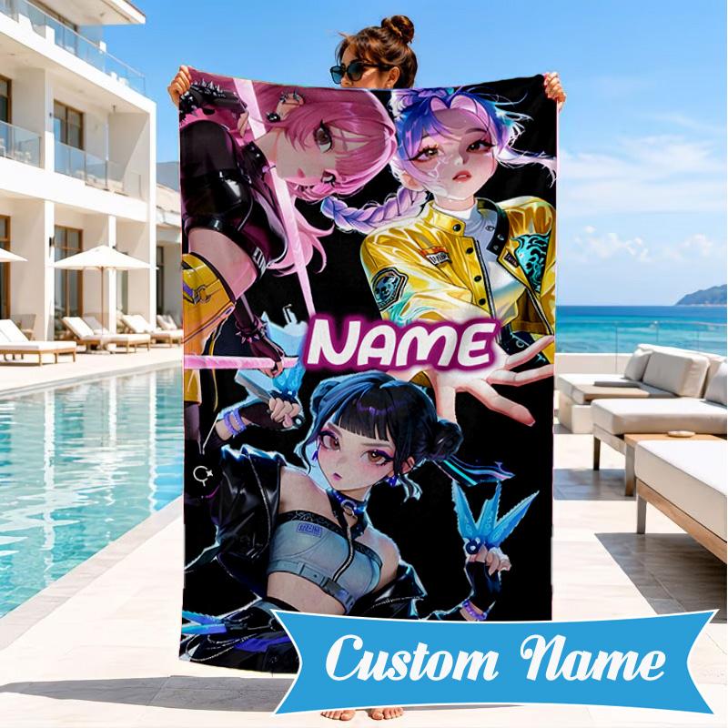 Custom Name KPop Cartoon Beach Towel Microfiber Beach Towel, Lightweight and Quick-Dry, for Summer Travel, Swimming Pool Gift