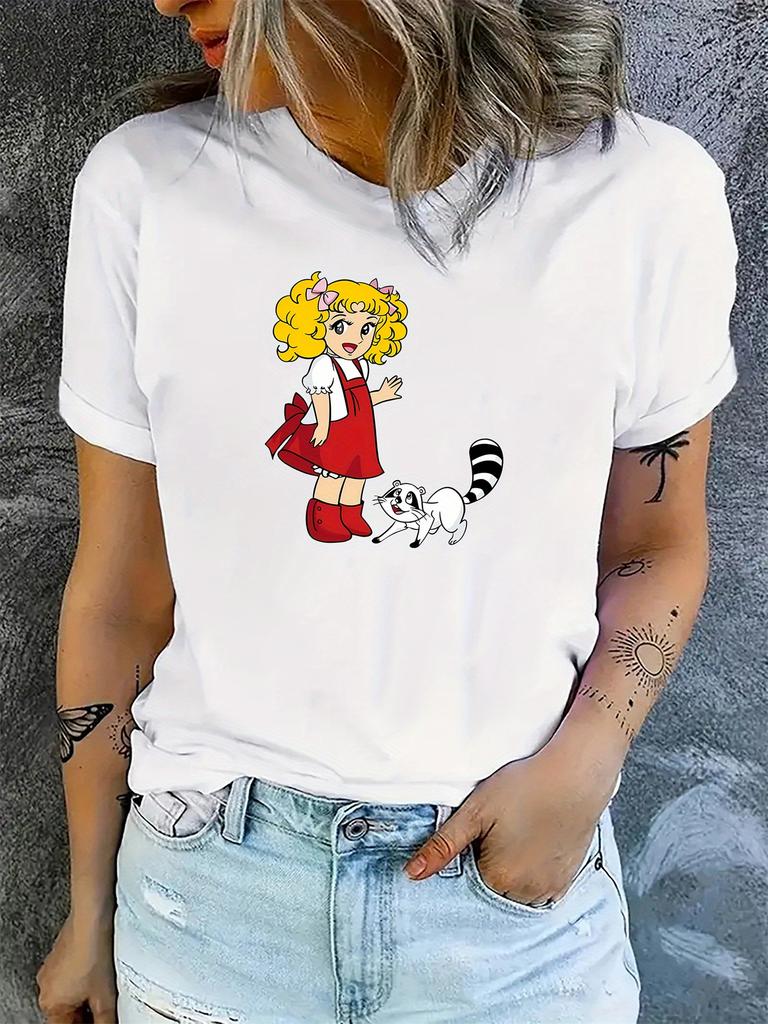 Little Girl with Red Dress and Yellow Hair and Raccoon Vibrant Cartoon Graphic Tee for Women Soft Round Neck Casual & Sporty