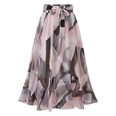 Sommer Dünner Midirock für Damen, Hohe Taille Chiffon Halbrock, 100kg Floral A-Linie Glockenrock mit Elastischem Bund