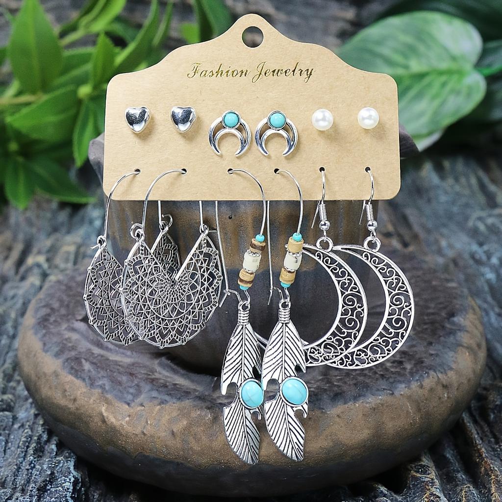 54 Pairs Of Boho Ethnic Style Earrings Ear Stud Combination Set Silver Color Geometric Turquoise Inlaid Party Decor Gifts