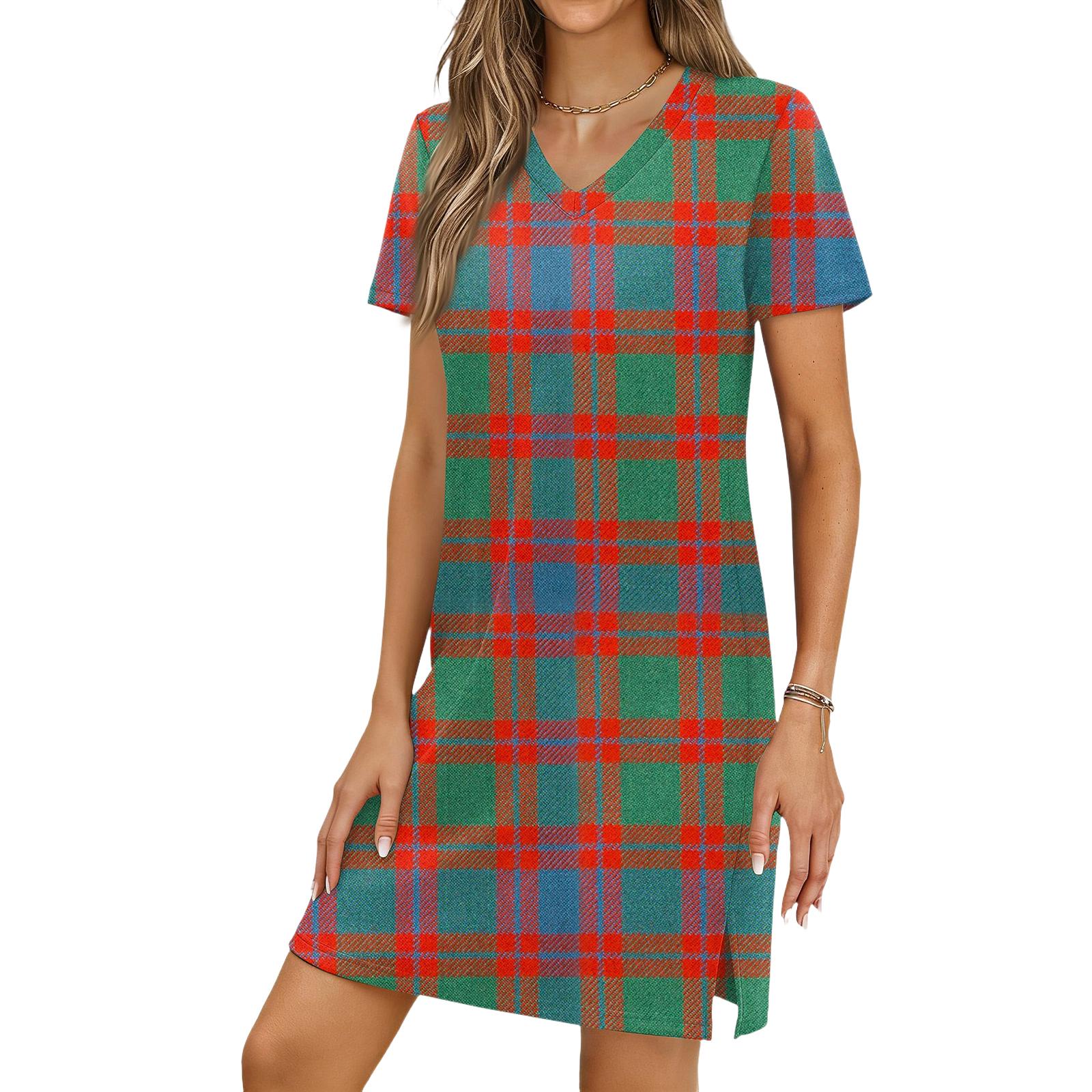 Women s Casual V-neck Short Sleeve Split Hem Plaid Print Dress L