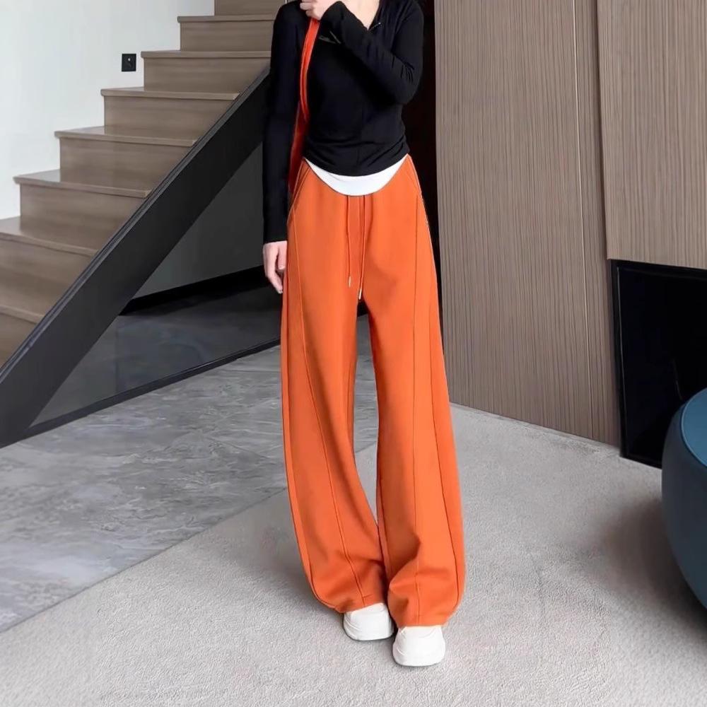 Hong Kong-Style Orange Wide-Leg Sweatpants with Drawstring Waist