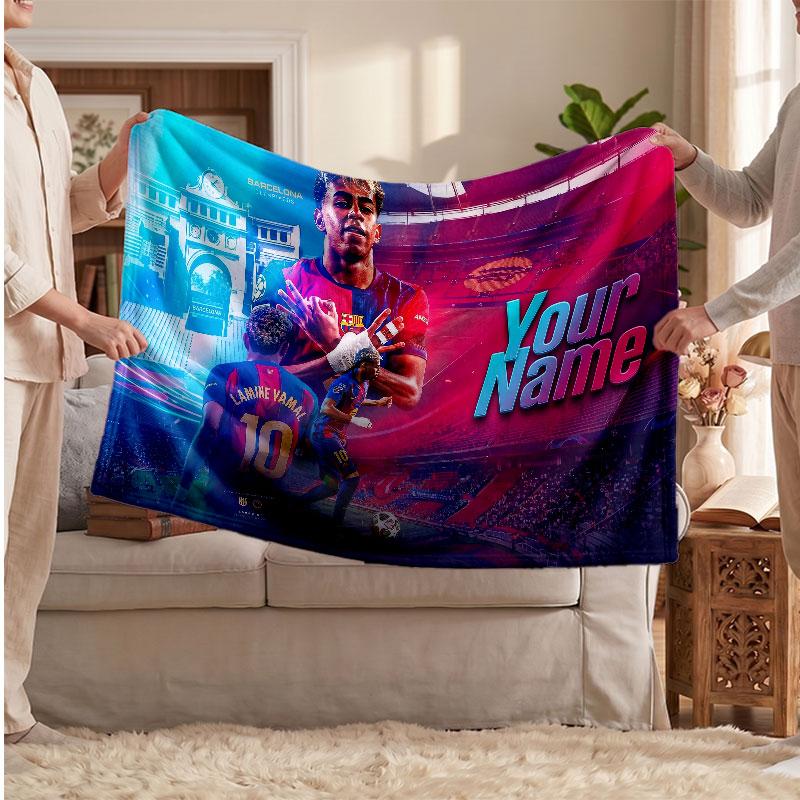 Coperta in pile personalizzata Lamine Yamal con logo del calcio, testo con nome personalizzato, morbida, calda, coperta da divano per la casa