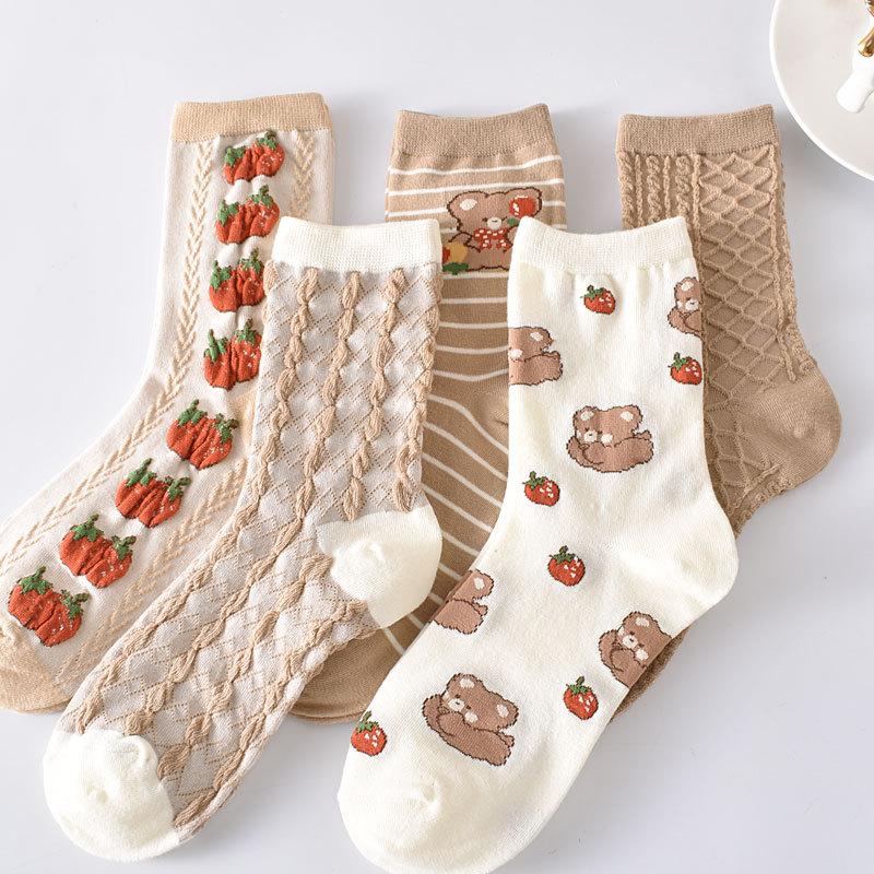 5 Paare/ Los Traumähnliche Damen Socken Harajuku Retro Stickerei Frühling 3D Strickerei Blumen Geprägter Druck Lolita Weihnachtsgeschenk
