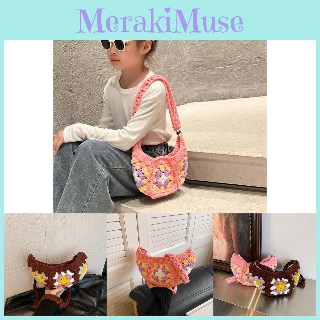 Adorable Knitted Crescent Shaped Kids Bag For Girls With Floral Patterns Perfect For Daily Use