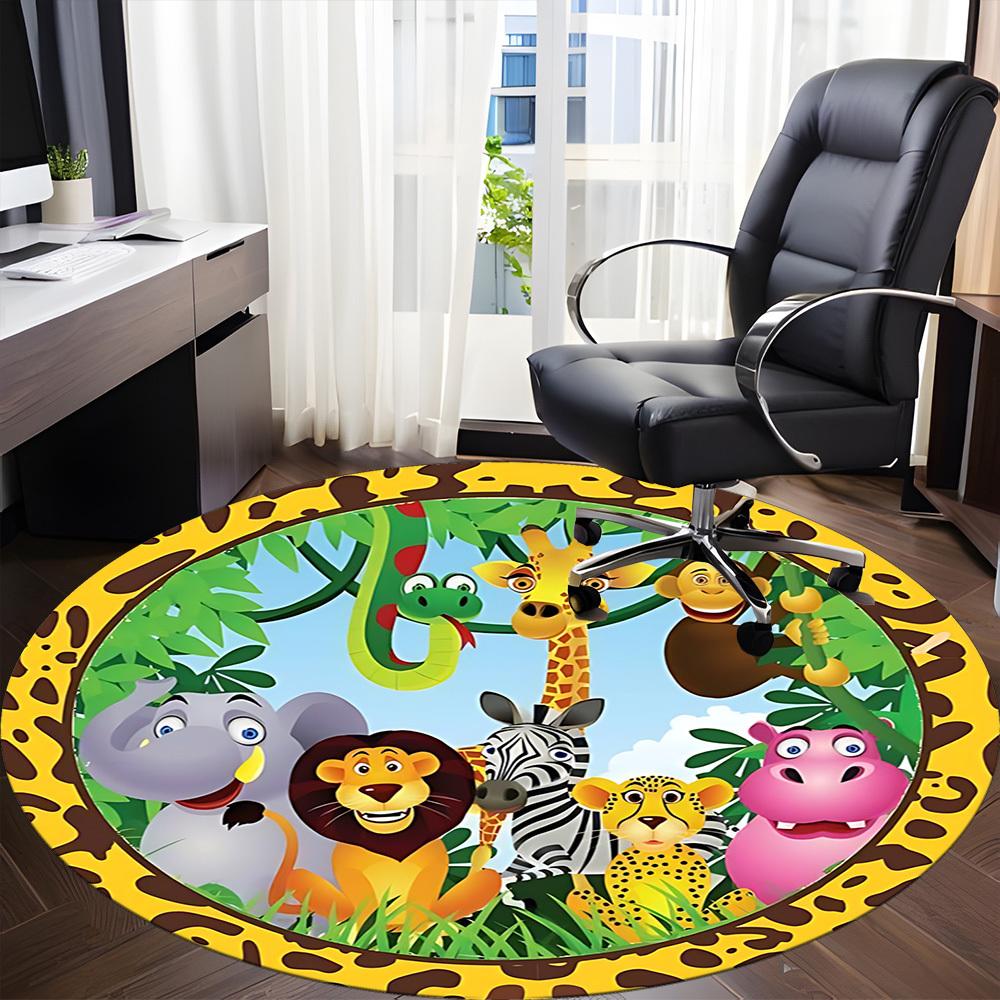 1pc Jungle Friends Chair Carpet for Office, Round Polyester Mat, Indoor Decor for Office, Easycare Fabric, Washable Non-slip Area Carpet