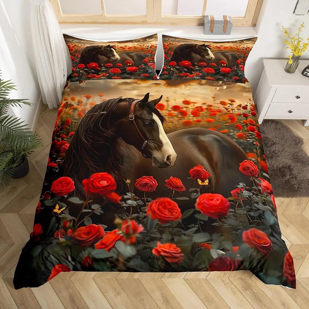Cherry Blossom Horse Comforter Cover Twin for Kids Boys, Wild Animal Bedding Set Galloping Horse Duvet Cover with 2 Pillowcase