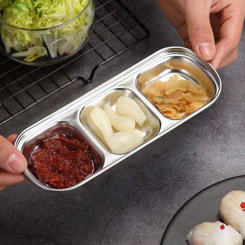 Stainless Steel 1-4 Grids Seasoning Plate Dipping Dish Sauce Dish Hot pot Barbecue Flavor Dish Kitchen Condiment Tray