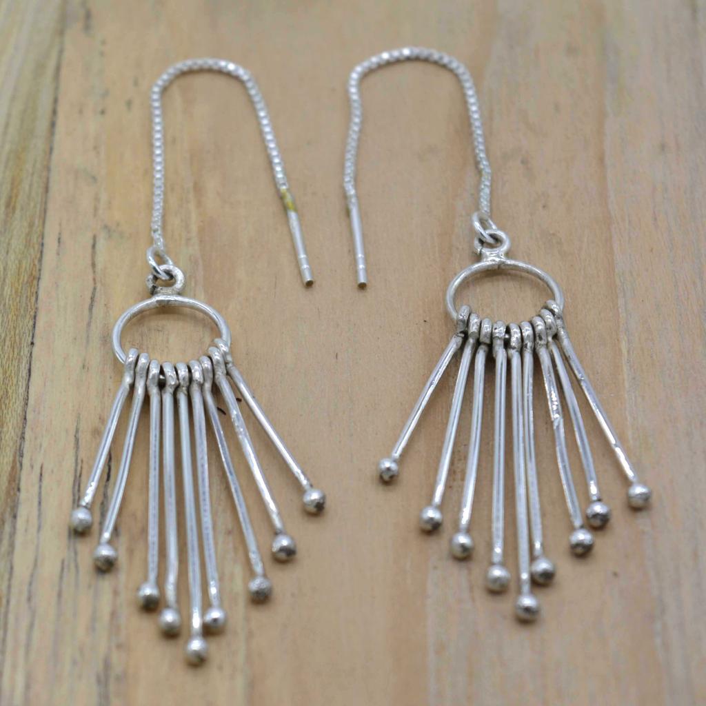 Tassel Drop Dangle 925 Silver Women Earrings, Fringe Ethnic Handmade Threader Earrings