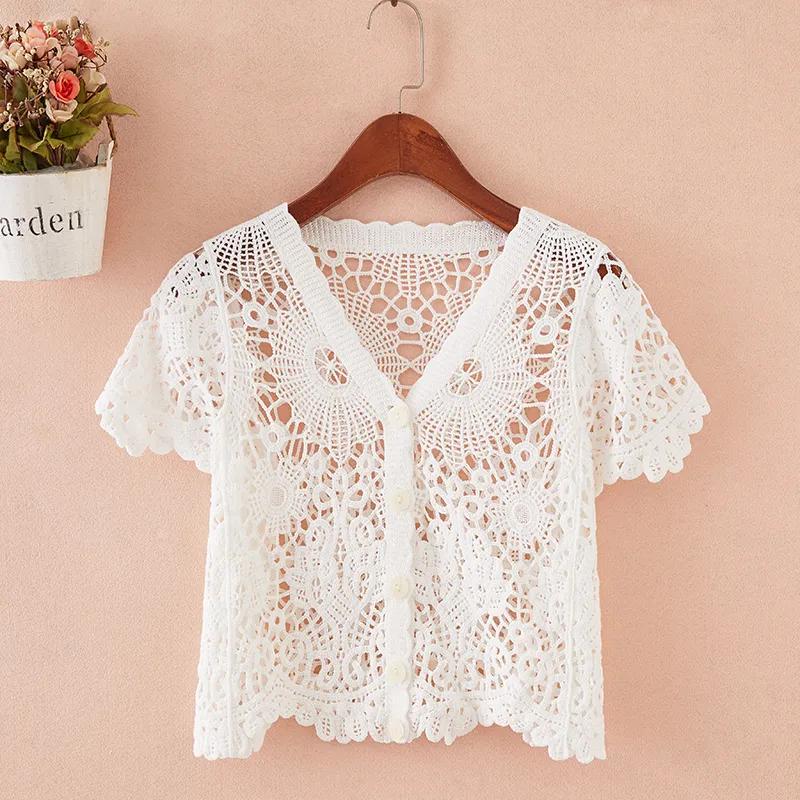 

Womens Summer Short Sleeve Black Lace V Neck Button Down Cardigan OneSize белый
