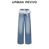 UR Women's 2025 Autumn Washed Wide-Leg Denim Pants with Lace Trim