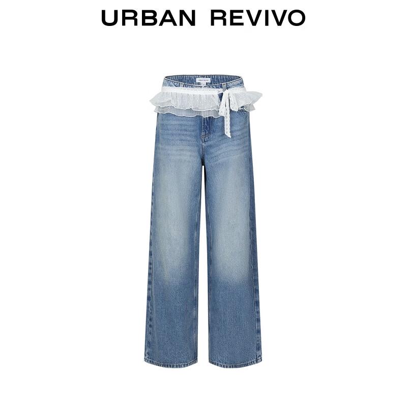 UR Women's 2025 Autumn Washed Wide-Leg Denim Pants with Lace Trim