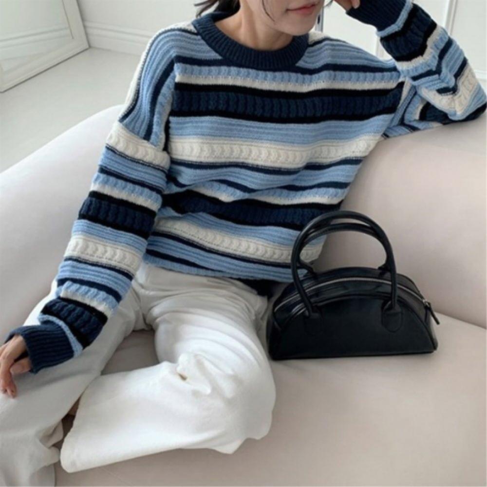 New Arrivals Open Run Women Loose Fit Color Block Stripe Long Sleeve Knit