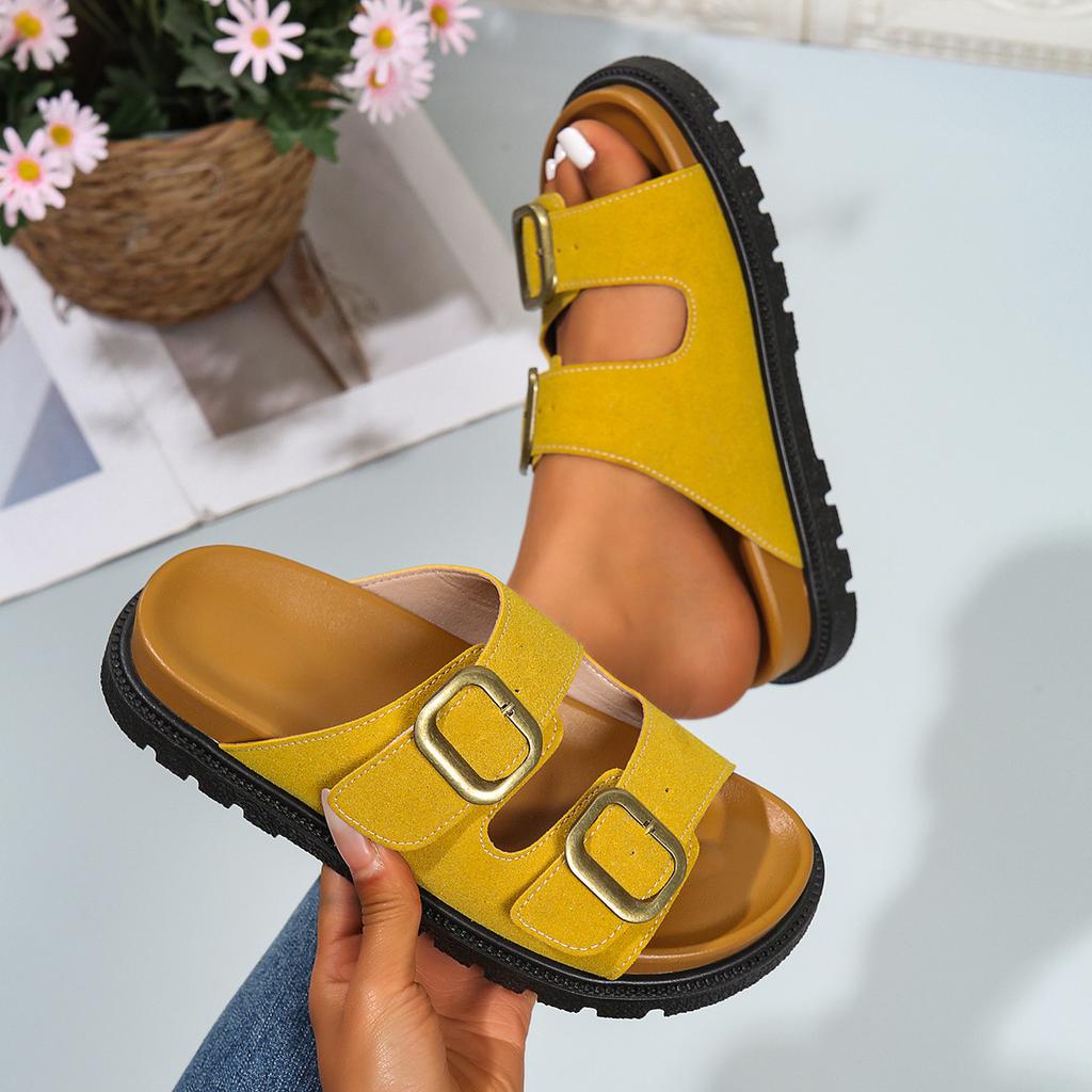 Muffin and platform slippers women's year, Europe, America and summer new belt buckle word beach cool slippers women