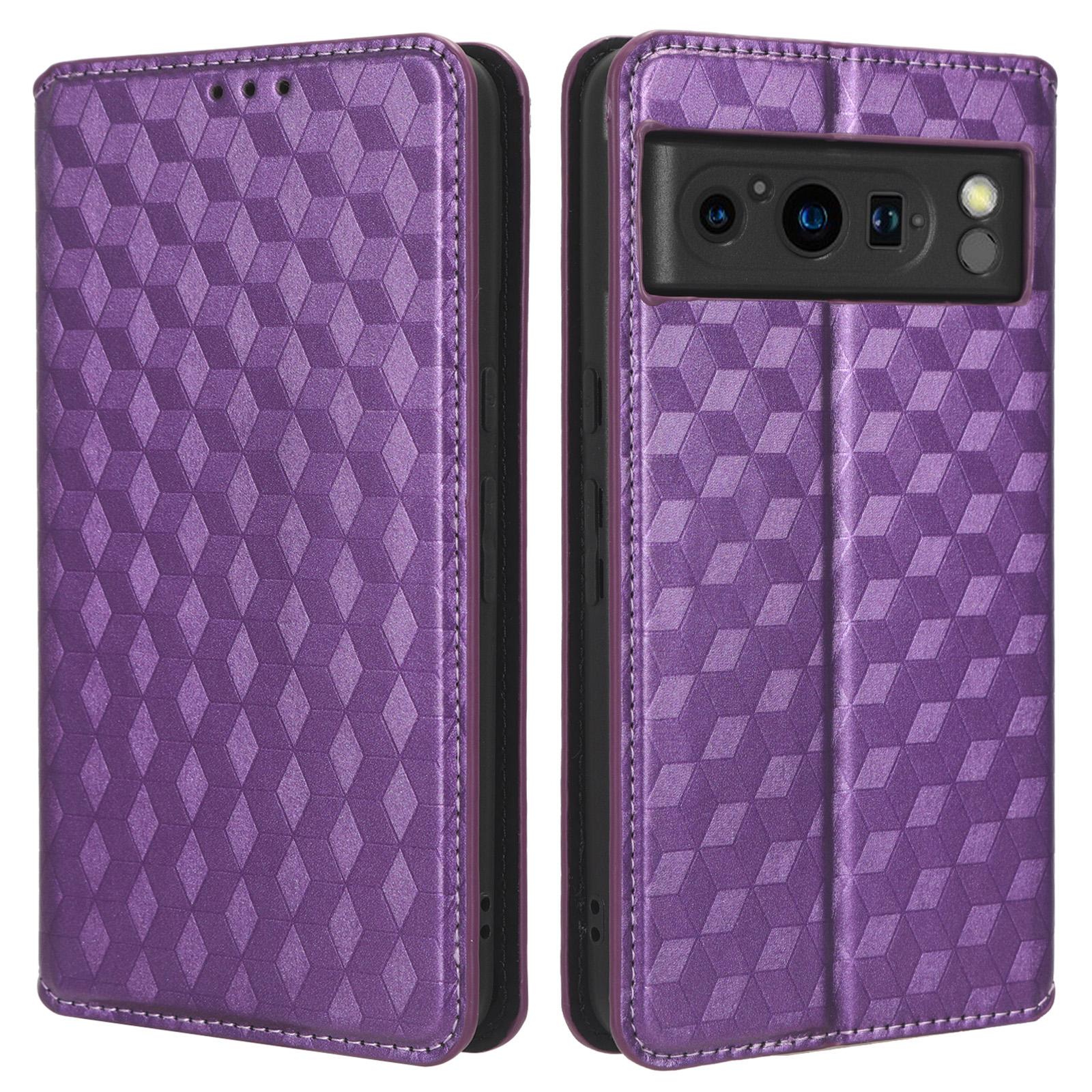 

For Google Pixel 8 Pro PU Leather Flip Magnetic Cover Rhombus Imprinted Wallet Stand Phone Case Purple