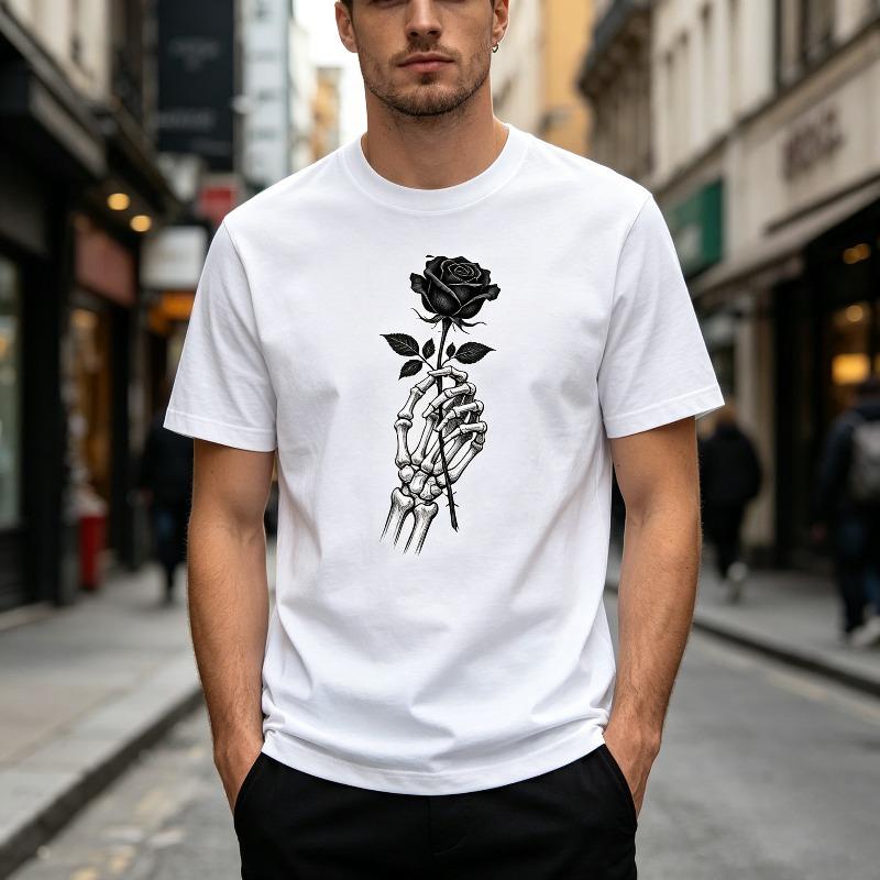 Gothic Skull Hand Rose Graphic Tee ForCasual Streetwear Cool Dark Aesthetic Rose In Skeleton Hand Tee for Street Fashion Lovers