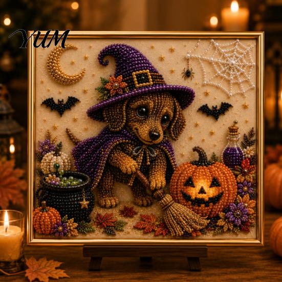 Halloween Puppy Witch Decor Faux Pearl Painting Kit, Ghost 3D Art Craft Clean Paint Free Set for Adults Beginners, Home Wall Decor, DIY Stress Relief