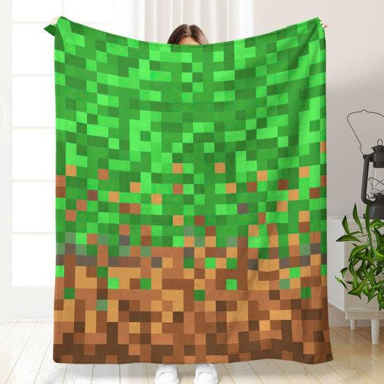 Pixel Grid Miners Kids Flannel Blanket, Geometric Grid Patchwork Pixelated Bed Blanket, Cartoon Gamepad Video Games Girls Boys Sofa Decor, Brown