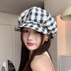 Korean Retro Plaid Beret Hat For Women Y2K Contrast Color Checked Beanie Cap Summer Travel Versatile Face Slimming Hat