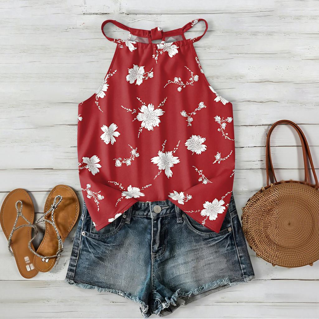 Women Sleeveless Bohemian Floral Print Tank Top Loose Fit Neck Blouse Casual Summer Lightweight Camisole Shirt