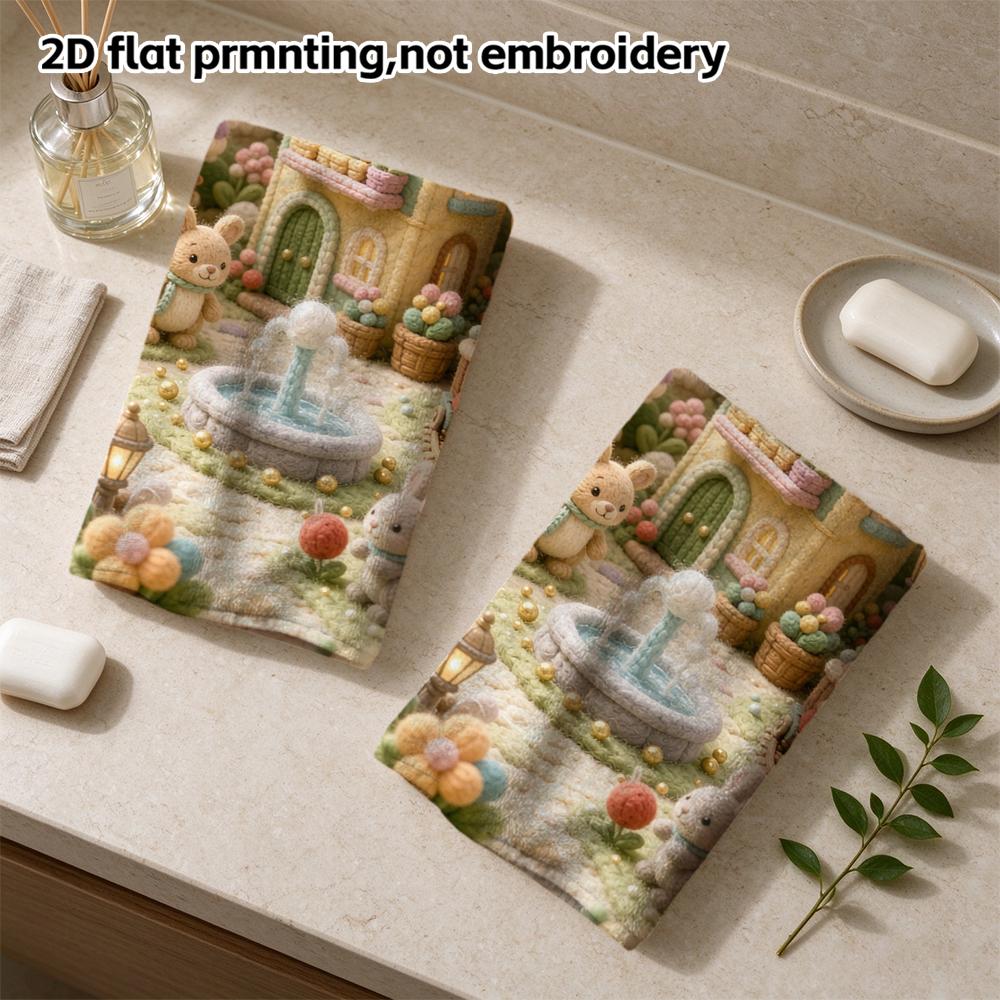 Fairy Knitted Village Absorbent Shower Towel, Whimsical Felt Town Print, Soft Quick Dry Bath Towel