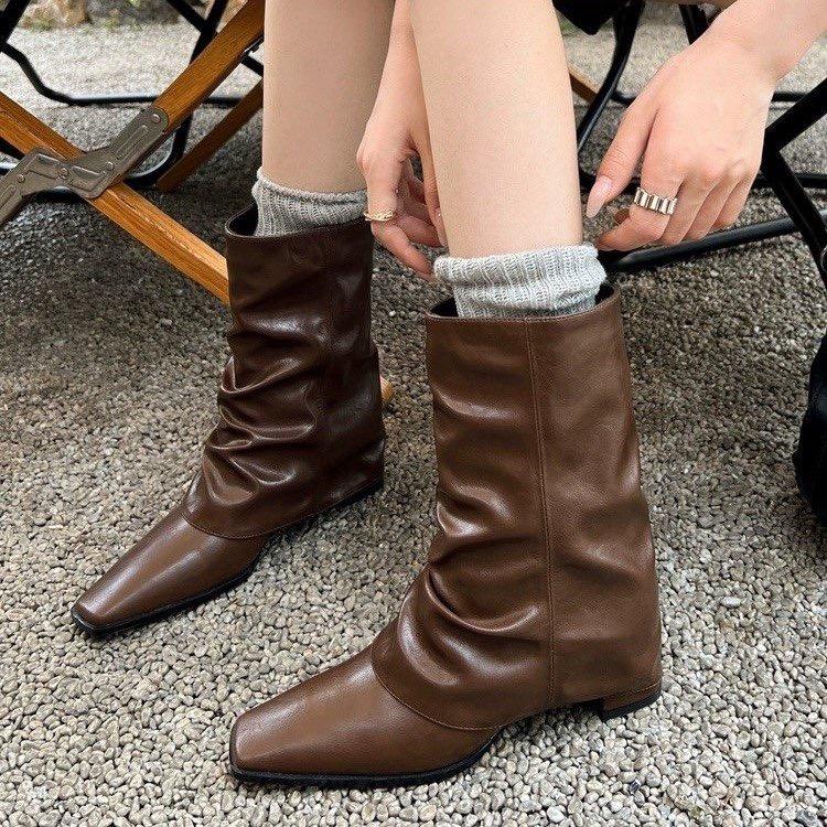 

Winter Woman Mid Calf Boot Fashion Slip On Square Heel Botas Ladies Street Style Trouser Short Booties 35