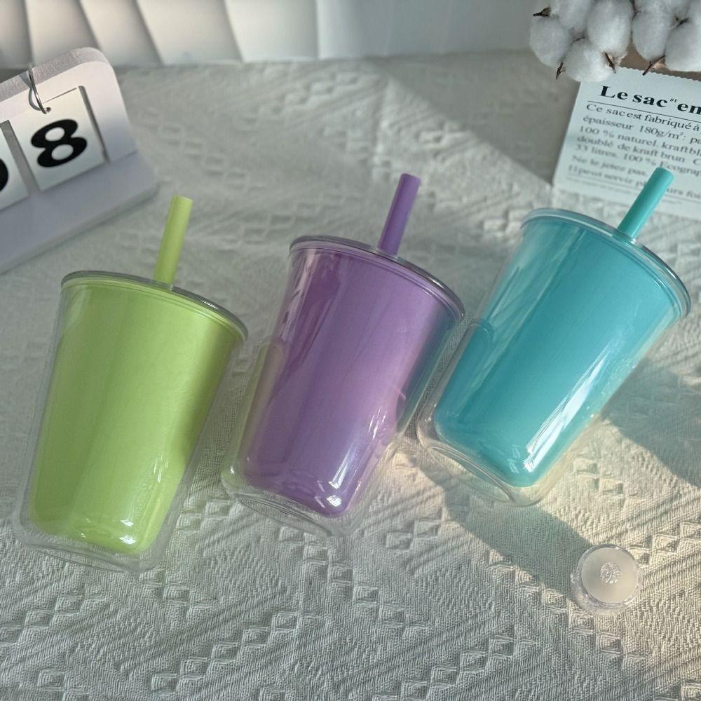 Leakproof Double-layer Straw Cup Large Capacity Drinking Bottle Creative Milk Tea Cup  Summer