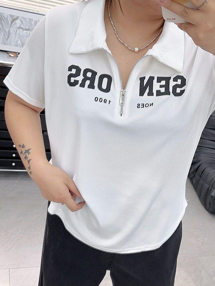 Plus Size Women's Casual Zipper Print Top - Loose Fit Short Sleeve T-shirt for 2025 Summer