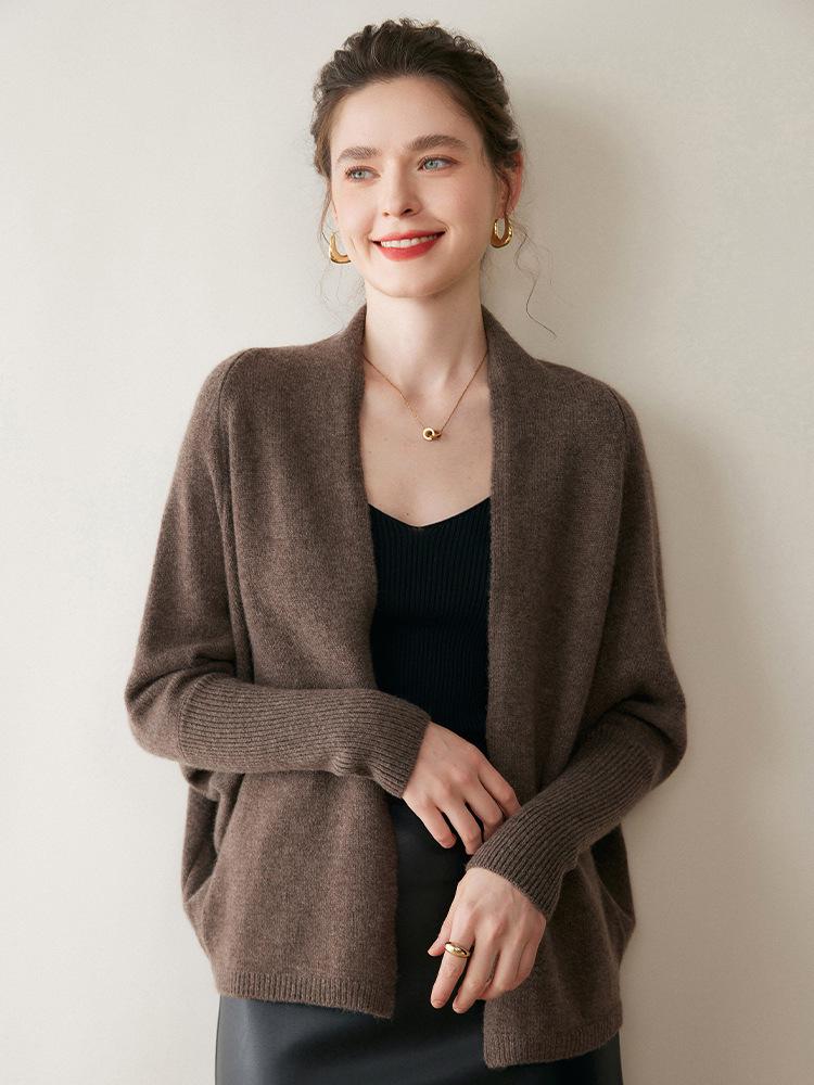 Women's Cashmere Batwing Sleeve Cardigan: Autumn/Winter Shawl Sweater with Silver Thread