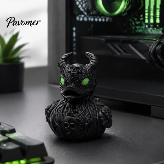 Matte Black Resin Ornament Gothic Devil Skull Duck Ornament, Figurine, Cool Punk Style Figurines Horror Green Eyes Decor for Halloween Party
