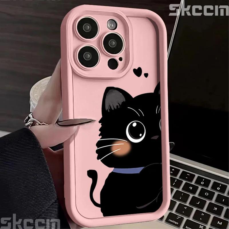 Cute Cartoon Black White Cat Phone Case For iPhone 16 Pro Max 15 14 13 12 11 XS XR X 8 7 15 Plus Shockproof Soft Silicone Cover