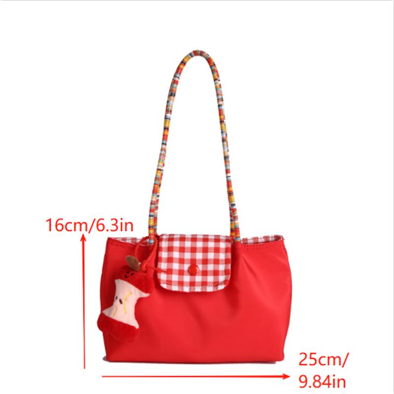 Casual Nylon Plaid Shoulder Bag With Pendant Dopamine Handbag Large Capacity Women Commuter Tote Bag  Trendy Armpit Bags