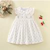 Sweet Summer Girls Cotton Dress With Cherry Embroidery Smocked Fly Sleeve Printed Party Dress For Kids