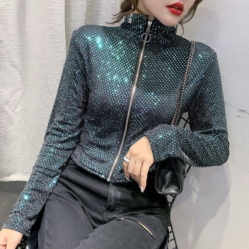 Fashion Glitter Sequined Short Jacket Women Slim Sexy Long Sleeve Zipper Coat Spring Autumn