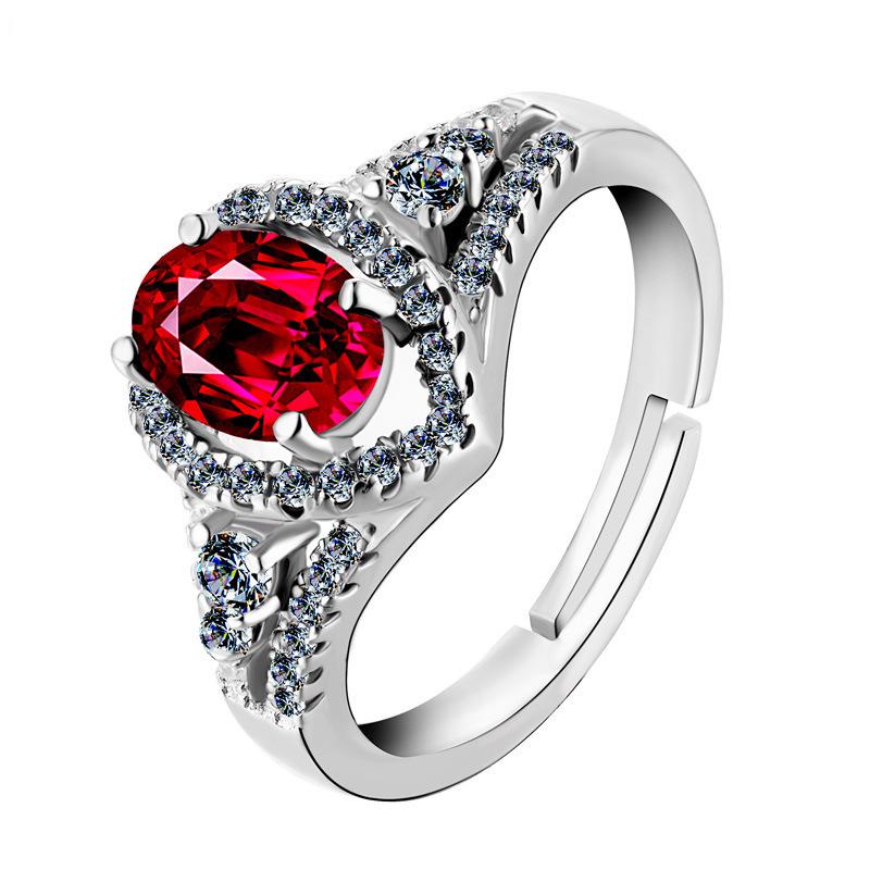 Anello Regolabile in Argento Sterling S925 Placcato in Stile Coreano con Zircone Rosso - Anello da Dito Aperto Argento da Donna