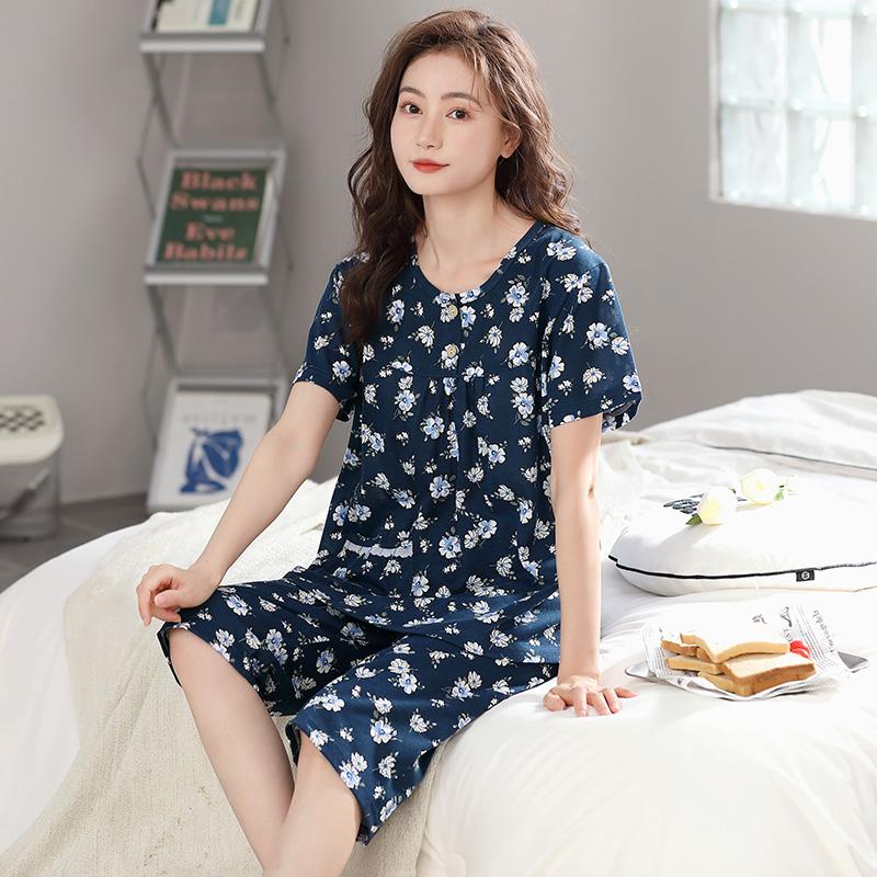 Summer Cotton Capris Pajamas Set Floral Print Pajama for Women Leisure Pyjamas Soft Lapel Pijamas