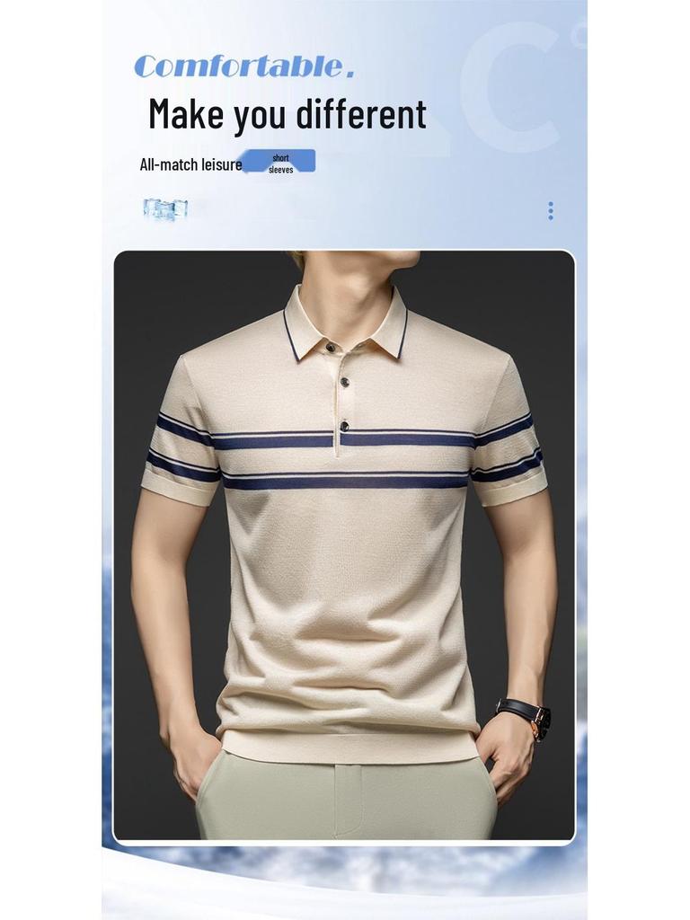 Men's 2026 Summer Casual Polo Shirt - Breathable Yarn-Dyed Stripe, Loose Fit Short Sleeve with Lapel