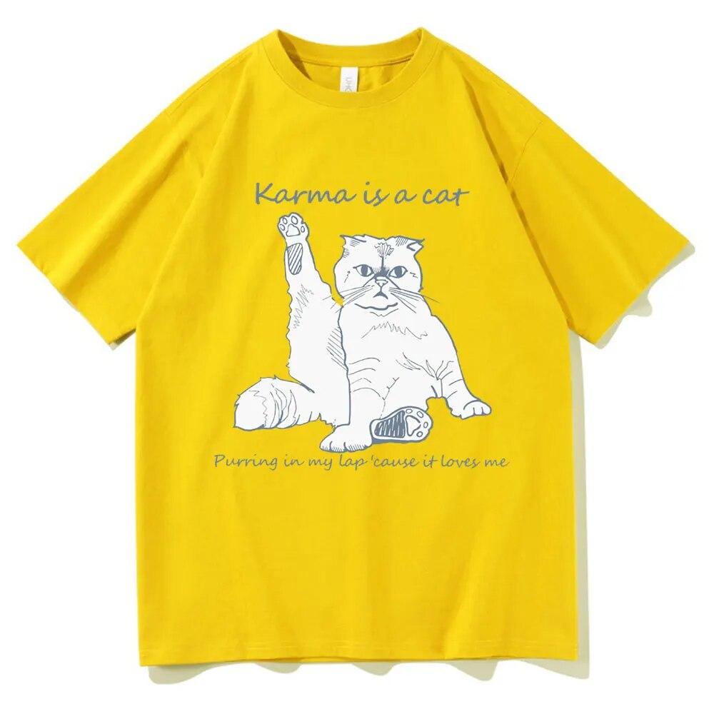 Karma Is A Cat T-skjorte med grafisk trykk Unisex kvinner Uformell Søte T-skjorter i bomull Overdimensjonerte par Kortermet Streetwear-gaver