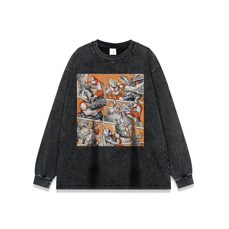 Unisex Vintage Washed Cotton Long Sleeve Tee With Cartoon Print Loose Fit Retro Streetwear Style