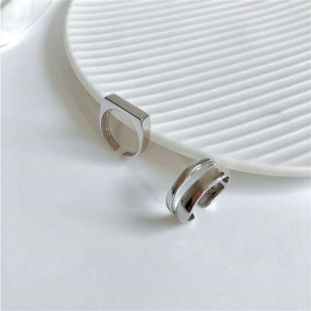 Korean version irregular double-layer geometric square glossy open ring sterling silver simple personalized ring