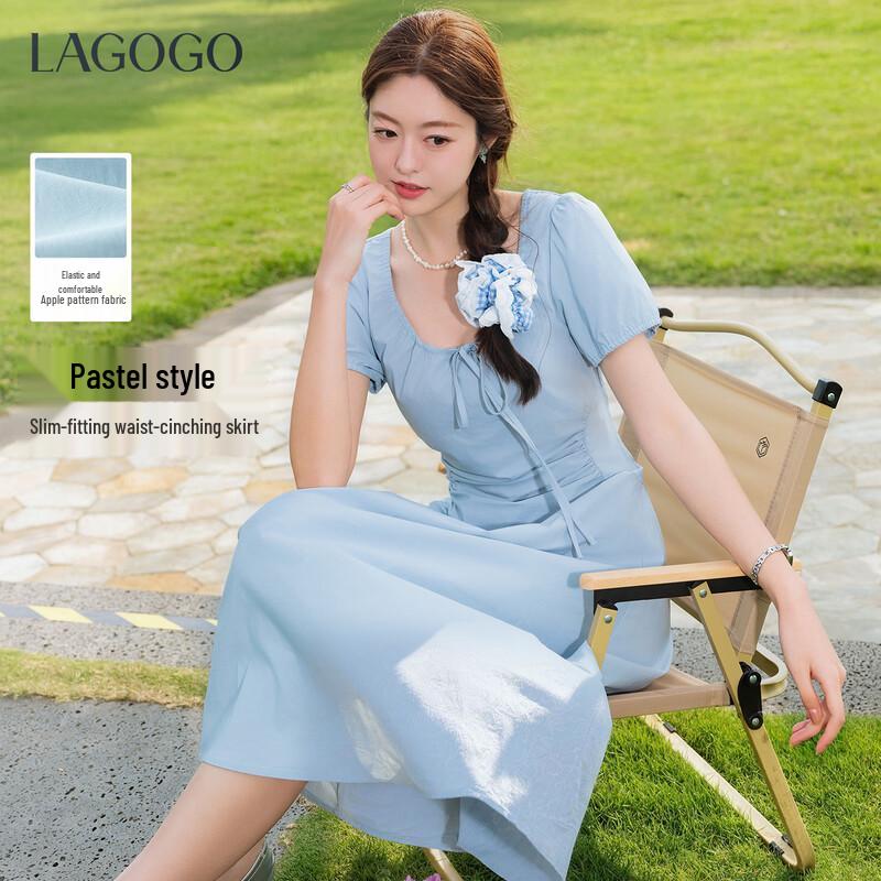 LAGOGO Elegant Square-Neck A-Line Summer Dress L светло-синий