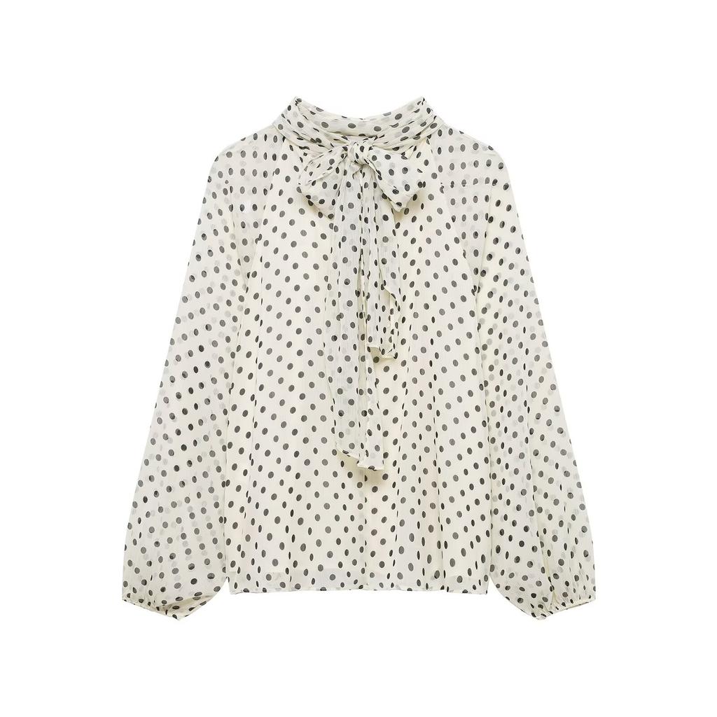 European and American women's clothing 1116 spring new scarf collar polka dot printing casual versatile chiffon shirt women