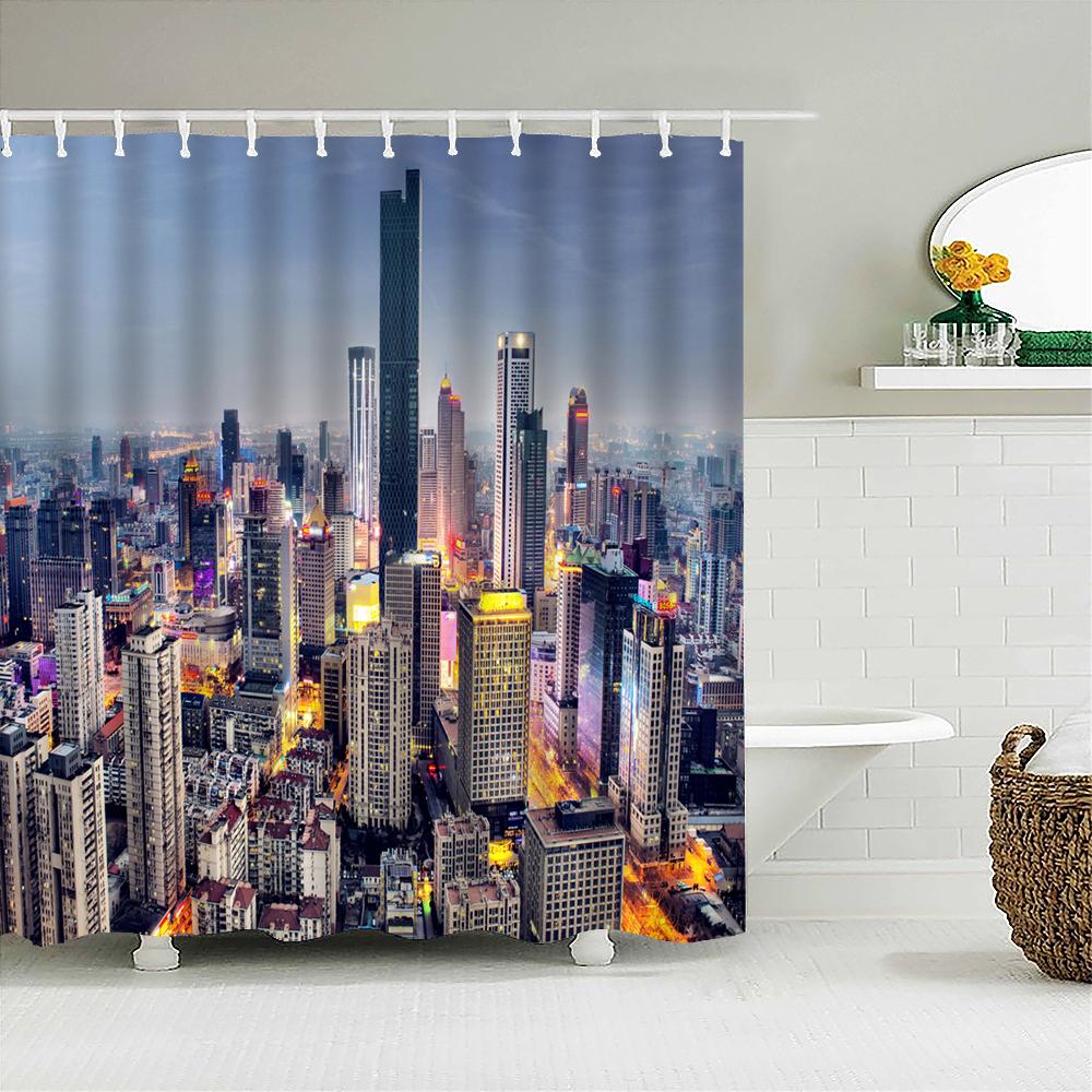 New York London Bridge Shower Curtain Printed Waterproof Fabric Polyester City Scenery Night View Bath Curtain Bathroom Decor